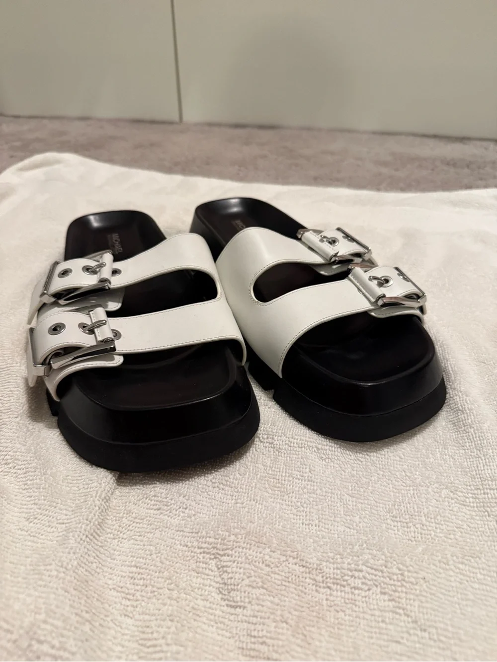MICHAEL Michael Kors White Leather Double-Buckle Platform Sandals